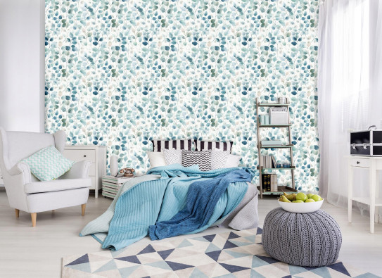 Blue watercolor leaf wallpaper on non-woven fabric for living room and bedroom walls