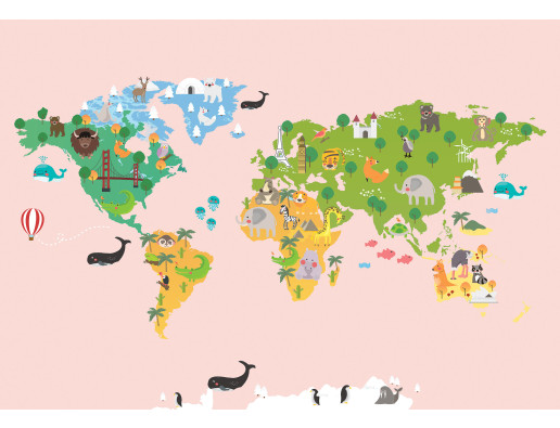 Wall Mural: Cartoon World Map with Animals, Pink, Kids' Room