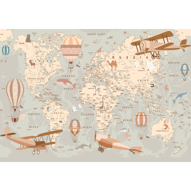 Children's wall mural world map animals wallpaper