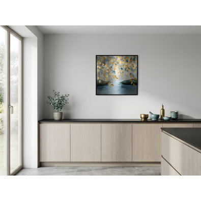 Picture in a black frame, metal abstraction, leaves, living room, bedroom, 30x30