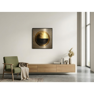 Picture in a black frame, metal abstraction, golden circle, living room, bedroom, 30x30