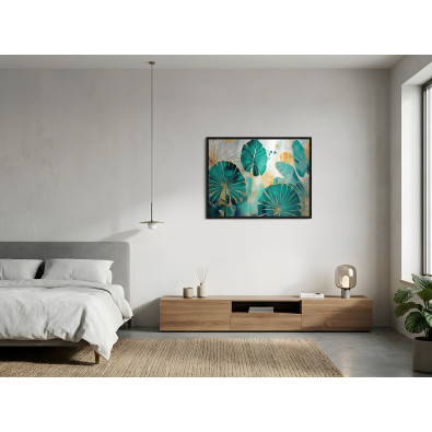 Metal painting in a black frame, jungle leaves, loft, living room, bedroom, 150x100