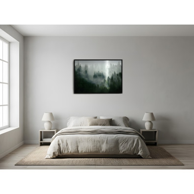 F&eacute;mre nyomtatott k&eacute;p fekete keretben: erdő k&ouml;dben, term&eacute;szet, nappali, h&aacute;l&oacute;szoba, 120x80
