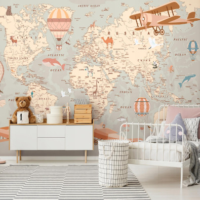Children's wall mural world map animals wallpaper