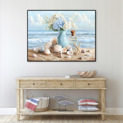 Black-framed canvas painting: sea, vase, flowers; living room, bedroom; 40x30