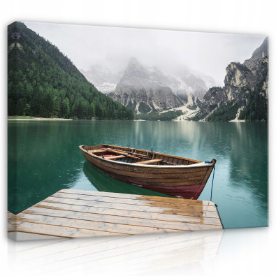 Painting of a boat, a lake, and mountains on canvas; dimensions: 120x80 cm