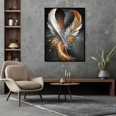 Black-framed canvas painting of feathers, abstract art, living room or bedroom, 40x30