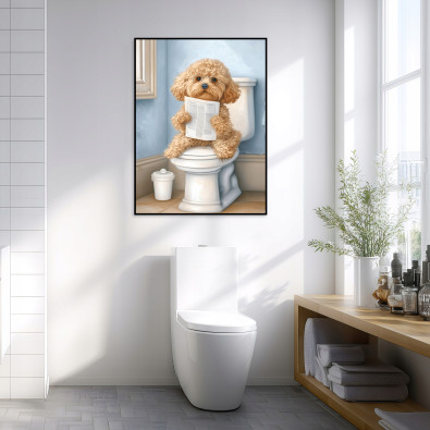 Black-framed canvas print for the bathroom featuring a funny dog on a toilet, 40x30 cm