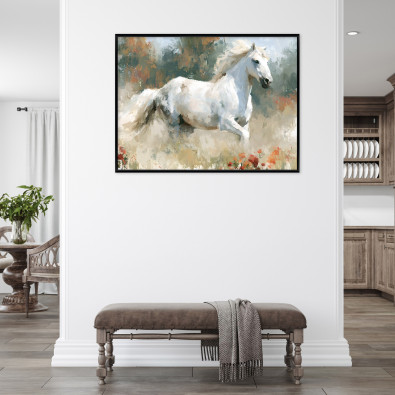 Fekete keretben l&eacute;vő v&aacute;szonk&eacute;p: feh&eacute;r l&oacute;, r&eacute;t, nappali, h&aacute;l&oacute;szoba, 100x70