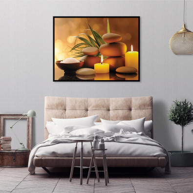 Black-framed canvas print featuring spa stones and candles in a massage parlor, 40x30