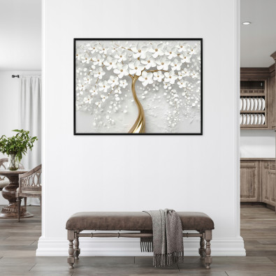 Black framed canvas painting, 3D tree, flowers, living room, bedroom, 120x80
