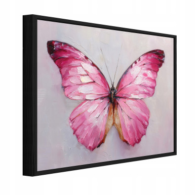 Black-framed canvas painting, pink butterfly, concrete, living room, bedroom, 100x70