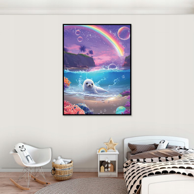 Framed wall art for a child's room: rainbow seal, 40x30 cm