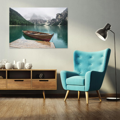Painting of a boat, a lake, and mountains on canvas; dimensions: 100 x 70 cm