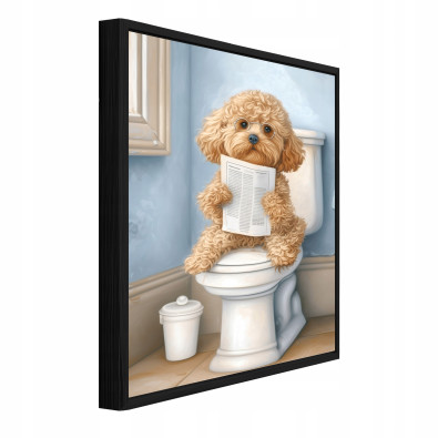 Black-framed canvas print for the bathroom featuring a funny dog on a toilet, 40x30 cm