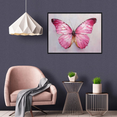 Black-framed canvas painting, pink butterfly, concrete, living room, bedroom, 40x30