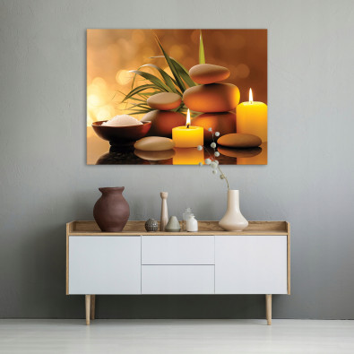 Canvas print featuring spa stones and candles for the bedroom, living room, or massage spa (40x30)