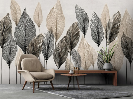 Abstract beige boho leaf wall mural for the bedroom or living room, 400x280