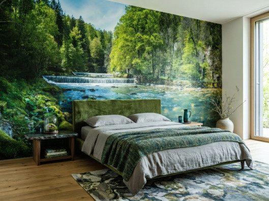 3D waterfall wall mural, forest, nature, landscape, living room, wallpaper, 400x280