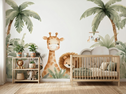 Children's wall mural jungle animals palm trees for a child's room