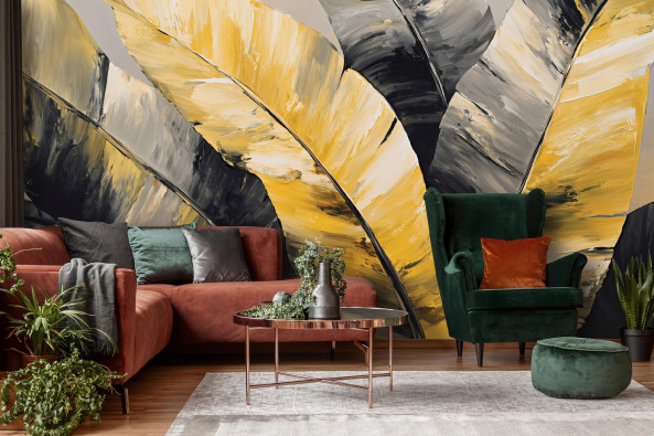 Abstract yellow and black leaf wall mural for the bedroom or living room, 400x280