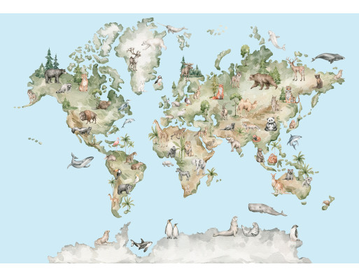 Wall Mural: World Map with Animals, Blue, Kids' Room