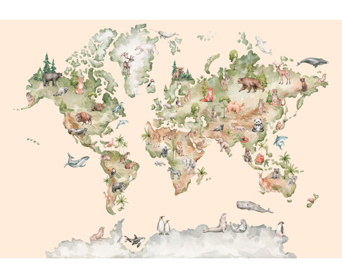 Wall Mural: World Map with Animals, Beige, Kids' Room