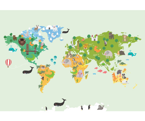 Wall Mural: Cartoon World Map with Animals, Green, Kids' Room