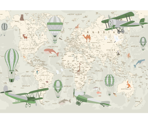 Vintage World Map Wall Mural with Airplanes and Balloons for a Green Kids' Room