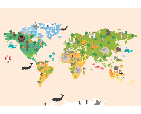 Wall Mural: Cartoon World Map with Animals, Beige, Kids' Room