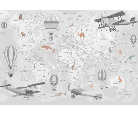 Vintage World Map Wall Mural with Planes and Balloons in Gray for a Kids' Room