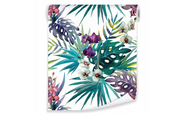 Tropical leaves 3D flowers non-woven wallpaper roll
