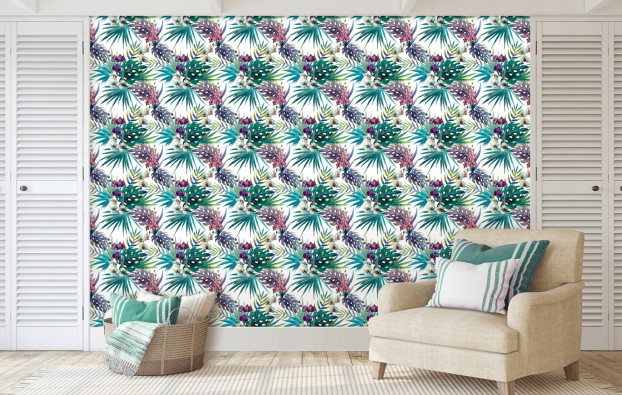Tropical leaves 3D flowers non-woven wallpaper roll