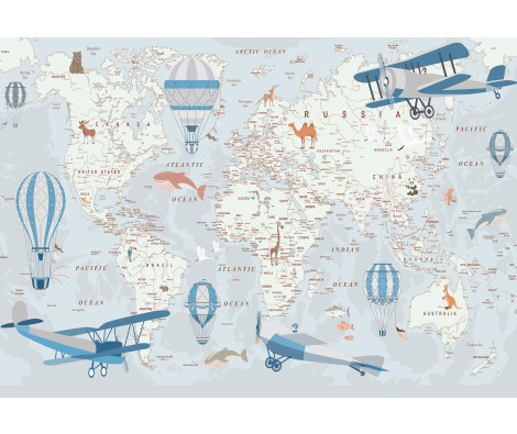 Vintage World Map Wall Mural with Airplanes and Balloons for a Blue Kids' Room