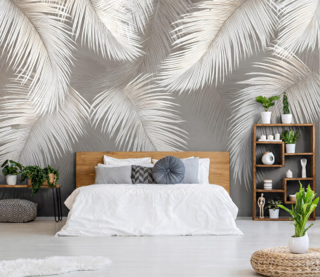 Wall mural featuring hanging leaves and concrete feathers, perfect for a bedroom or living room wall, 400x280