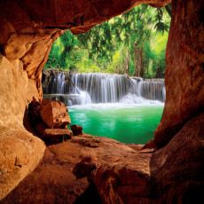 Fotótapéta barlang vízesés dzsungel zöld lagúna természet nappali