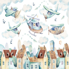 Wall mural watercolor airplanes helicopter town houses kids room