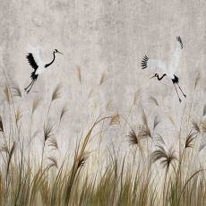 Fotófalikép darvakkal, madarakkal és pampasfüvel hálószobába vagy nappaliba, 150x105 cm