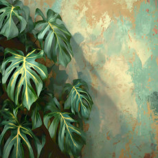 Fotófalikép: zöld monstera levelek beton háttérrel hálószobába vagy nappaliba, 150x105 cm