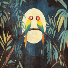 Wall mural colorful parrots moon leaves illustration for kids