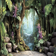 Wall mural 3D tropical jungle waterfall path trees fantasy