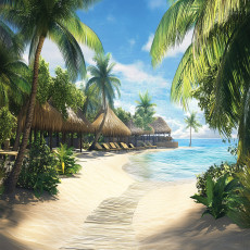 3D-s fotótapéta: paradicsomi strand, pálmafák, tenger – hálószoba vagy nappali falára, 150x105 cm