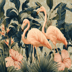 Flamingós fotótapéta levelekkel és virágokkal, zöld színben, hálószobába vagy nappaliba