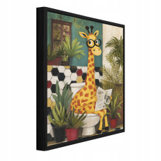 Black-framed canvas print for the bathroom: funny giraffe on the toilet, 40x30
