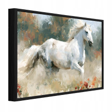 Black-framed canvas painting of a white horse in a meadow; living room or bedroom; 90x60