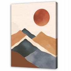Boho-style beige landscape painting featuring a mountain and the sun, perfect for the bedroom or living room, on canvas (100x70 cm)