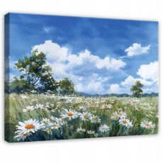 Virágos festmény, margarétás mező, tájkép hálószobába vagy nappaliba, vászonra festve, 60x40 cm