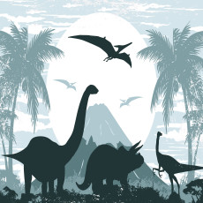 Falfestmény dinoszauruszok sziluettjeivel és pálmafákkal gyerekszobába