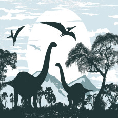 Falfestmény: dinoszauruszok, táj, fák, gyerekszoba
