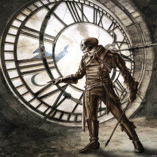 Falfestmény: csontvázas óra steampunk stílusban a nappaliban